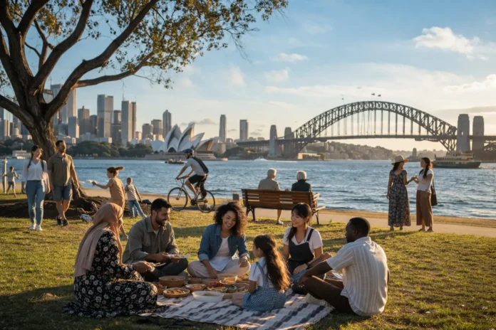 People in Australia enjoy outdoor activities together, representing a multicultural society, relaxed lifestyle, and strong community values.