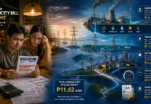 Illustration of the Philippine household electricity bill with power grid, generation plants, and layered utility charges explanation