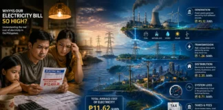 Illustration of the Philippine household electricity bill with power grid, generation plants, and layered utility charges explanation