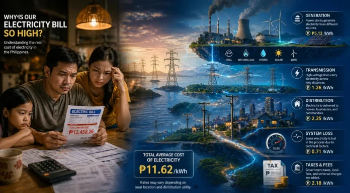 Illustration of the Philippine household electricity bill with power grid, generation plants, and layered utility charges explanation