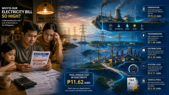 Illustration of the Philippine household electricity bill with power grid, generation plants, and layered utility charges explanation