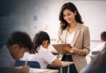 A Philippine public school teacher is evaluating students in a classroom, illustrating teacher accountability and student success.