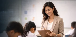 A Philippine public school teacher is evaluating students in a classroom, illustrating teacher accountability and student success.