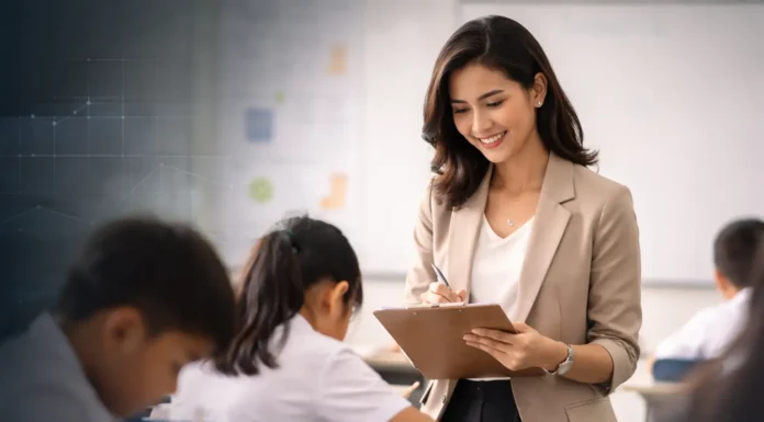 A Philippine public school teacher is evaluating students in a classroom, illustrating teacher accountability and student success.