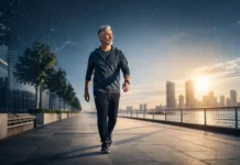 Middle-aged adult walking outdoors at a brisk pace, representing effective low-impact exercise after 40 for health and longevity.