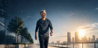 Middle-aged adult walking outdoors at a brisk pace, representing effective low-impact exercise after 40 for health and longevity.