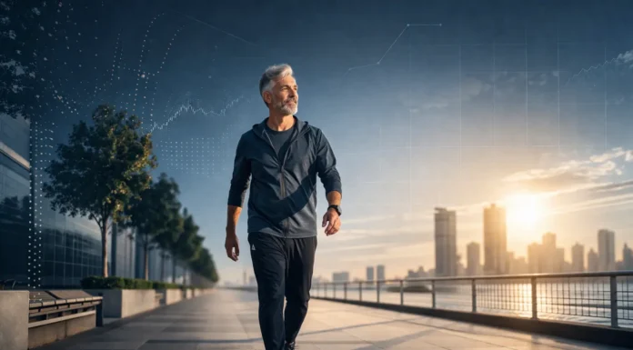 Middle-aged adult walking outdoors at a brisk pace, representing effective low-impact exercise after 40 for health and longevity.