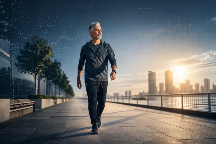 Middle-aged adult walking outdoors at a brisk pace, representing effective low-impact exercise after 40 for health and longevity.