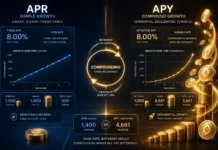 Illustration comparing APR and APY in crypto staking, showing linear growth versus compounding growth of tokens over time
