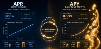 Illustration comparing APR and APY in crypto staking, showing linear growth versus compounding growth of tokens over time