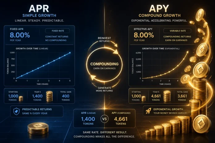 Illustration comparing APR and APY in crypto staking, showing linear growth versus compounding growth of tokens over time