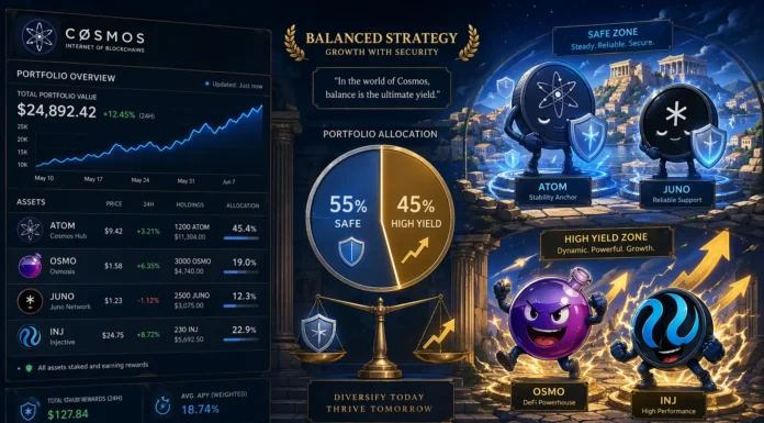 Illustration of Cosmos staking coins ranked by safety and yield, showing crypto portfolio balance