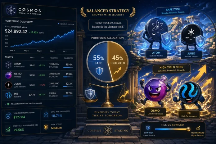 Illustration of Cosmos staking coins ranked by safety and yield, showing crypto portfolio balance