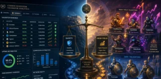 Illustration of Cosmos validators ranked by safety and yield, showing staking decision and risk balance