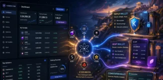 Illustration of Cosmos wallets showing Keplr Leap and Cosmostation with staking and security features