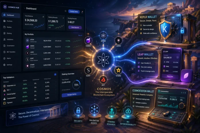 Illustration of Cosmos wallets showing Keplr Leap and Cosmostation with staking and security features