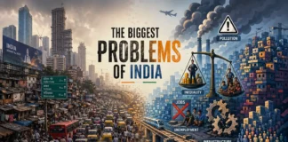Illustration showing India’s major problems, including pollution, inequality, urban congestion, and infrastructure stress