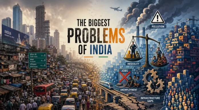 Illustration showing India’s major problems, including pollution, inequality, urban congestion, and infrastructure stress