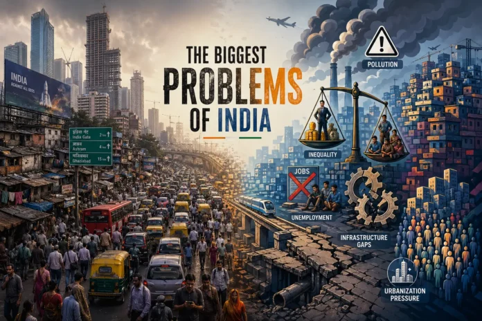 Illustration showing India’s major problems, including pollution, inequality, urban congestion, and infrastructure stress