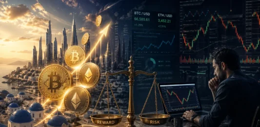 Crypto wealth concept showing bitcoin success vs risk and uncertainty in digital investment markets