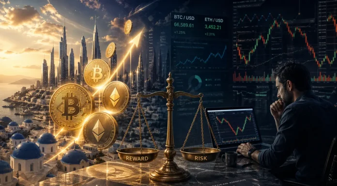 Crypto wealth concept showing bitcoin success vs risk and uncertainty in digital investment markets