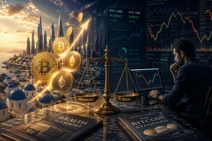 Crypto wealth concept showing bitcoin success vs risk and uncertainty in digital investment markets