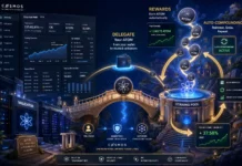 Half-realistic, half-cartoon illustration of Cosmos staking and auto-compounding rewards in the DeFi ecosystem