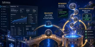 Half-realistic, half-cartoon illustration of Cosmos staking and auto-compounding rewards in the DeFi ecosystem