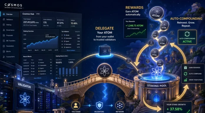 Half-realistic, half-cartoon illustration of Cosmos staking and auto-compounding rewards in the DeFi ecosystem