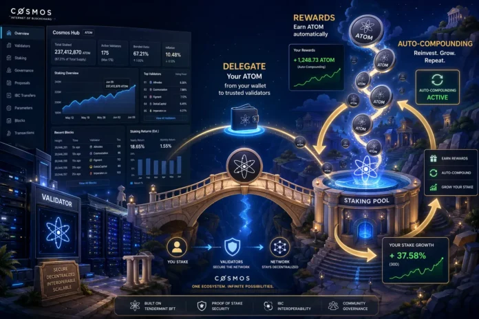 Half-realistic, half-cartoon illustration of Cosmos staking and auto-compounding rewards in the DeFi ecosystem