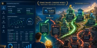 Half-realistic, half-cartoon illustration showing Cosmos validators' selection and staking risk analysis
