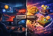 Crypto passive income risks illustration showing staking, DeFi yield farming, and lending with highlighted risk factors and volatility indicators.