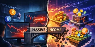 Crypto passive income risks illustration showing staking, DeFi yield farming, and lending with highlighted risk factors and volatility indicators.