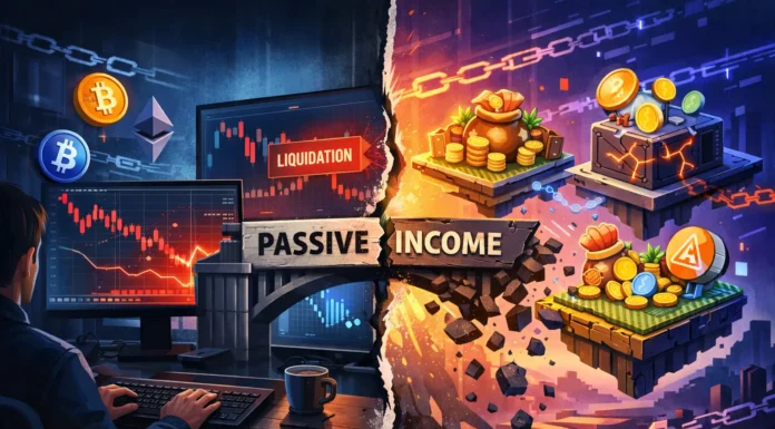 Crypto passive income risks illustration showing staking, DeFi yield farming, and lending with highlighted risk factors and volatility indicators.