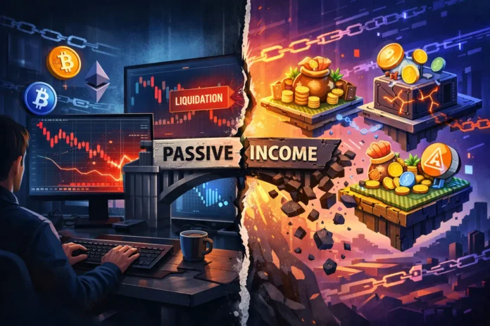 Crypto passive income risks illustration showing staking, DeFi yield farming, and lending with highlighted risk factors and volatility indicators.