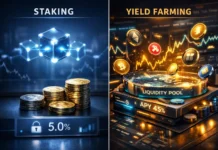 Crypto staking vs yield farming comparison showing stable returns vs. high-risk DeFi liquidity pools