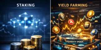 Crypto staking vs yield farming comparison showing stable returns vs. high-risk DeFi liquidity pools