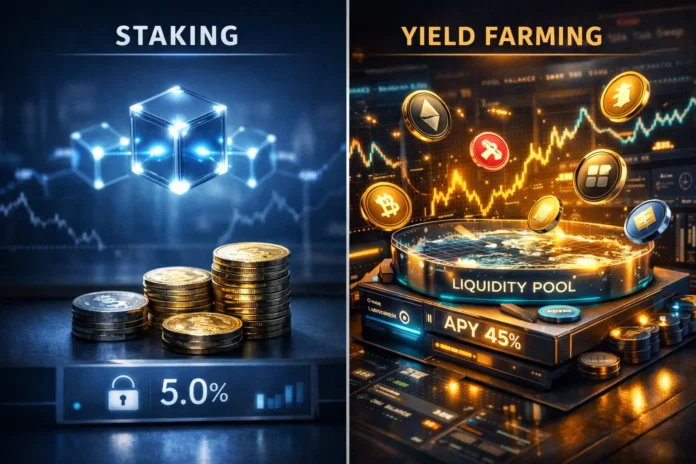 Crypto staking vs yield farming comparison showing stable returns vs. high-risk DeFi liquidity pools