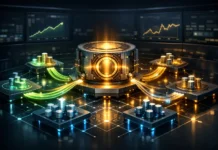 DeFi yield farming dashboard showing passive income flows, smart contracts, and risk-reward structure