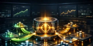 DeFi yield farming dashboard showing passive income flows, smart contracts, and risk-reward structure