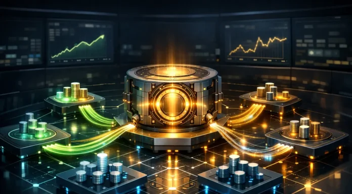 DeFi yield farming dashboard showing passive income flows, smart contracts, and risk-reward structure