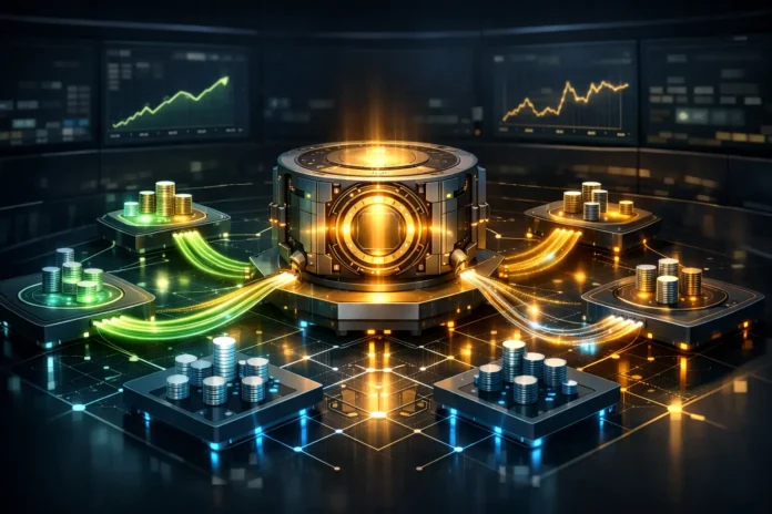 DeFi yield farming dashboard showing passive income flows, smart contracts, and risk-reward structure