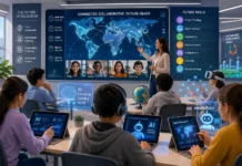 A classroom of students connected globally through digital tools, AI elements, and icons representing future skills in modern education worldwide.