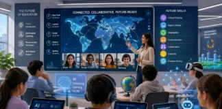 A classroom of students connected globally through digital tools, AI elements, and icons representing future skills in modern education worldwide.