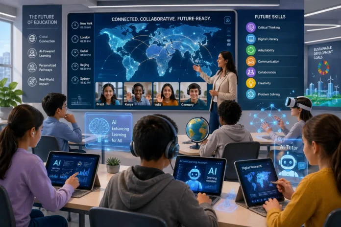 A classroom of students connected globally through digital tools, AI elements, and icons representing future skills in modern education worldwide.