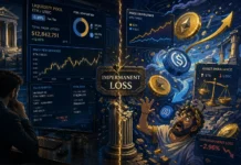 Half cartoon, half realistic crypto liquidity pool illustration showing impermanent loss risk in DeFi yield farming