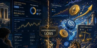 Half cartoon, half realistic crypto liquidity pool illustration showing impermanent loss risk in DeFi yield farming