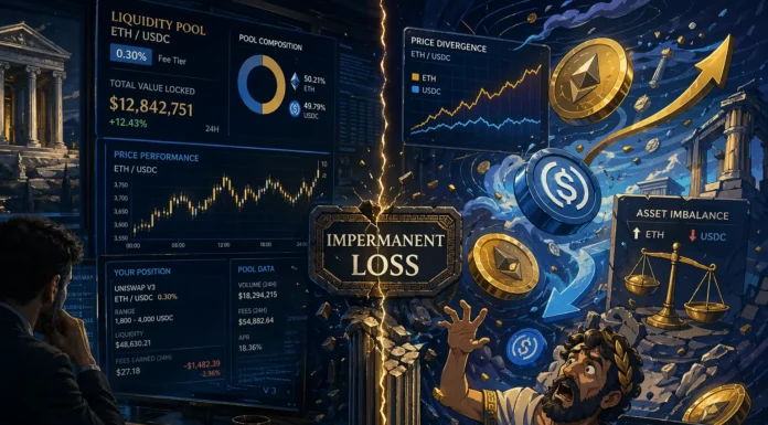 Half cartoon, half realistic crypto liquidity pool illustration showing impermanent loss risk in DeFi yield farming