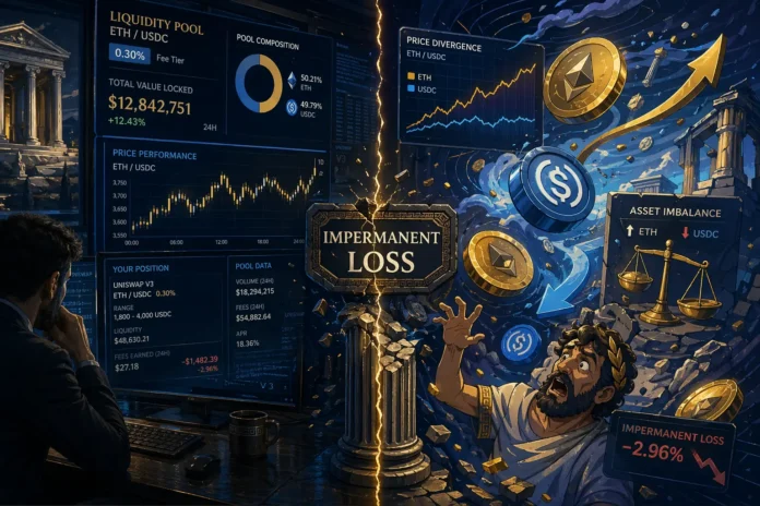 Half cartoon, half realistic crypto liquidity pool illustration showing impermanent loss risk in DeFi yield farming