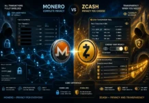 Illustration comparing Monero and Zcash, showing privacy vs optional transparency in cryptocurrency